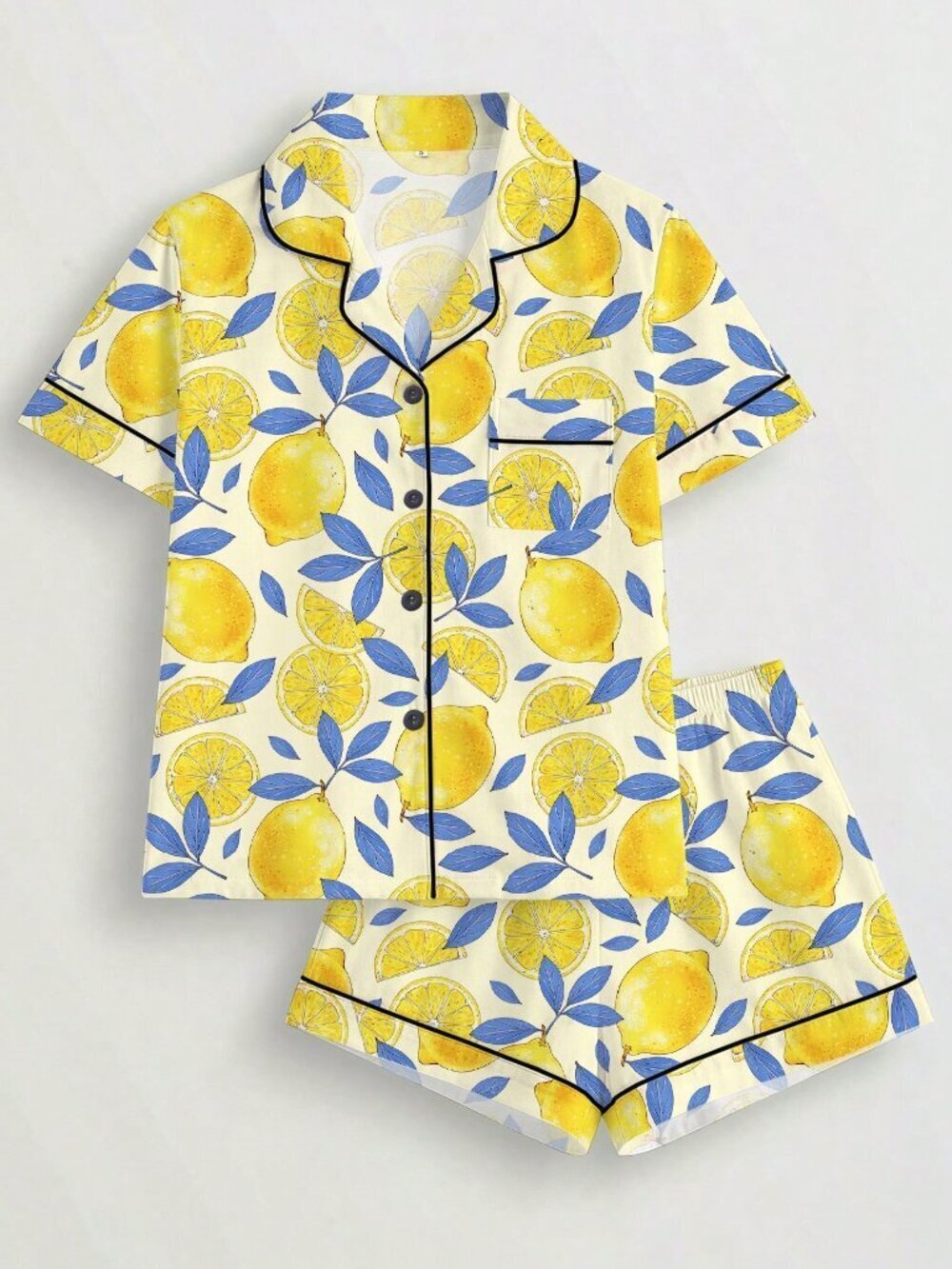 Yellow Cute Women's Lemon Print Pajama Set, Short Sleeve Top & Loose Shorts